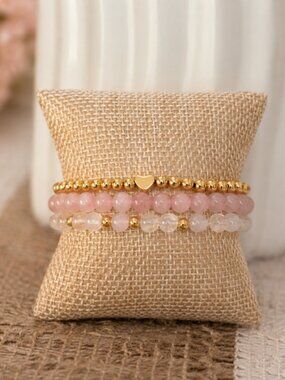 Rose Quartz White Jade Gold Bracelet Set 3pc Gemstone Stack Gift Ready Jewelry